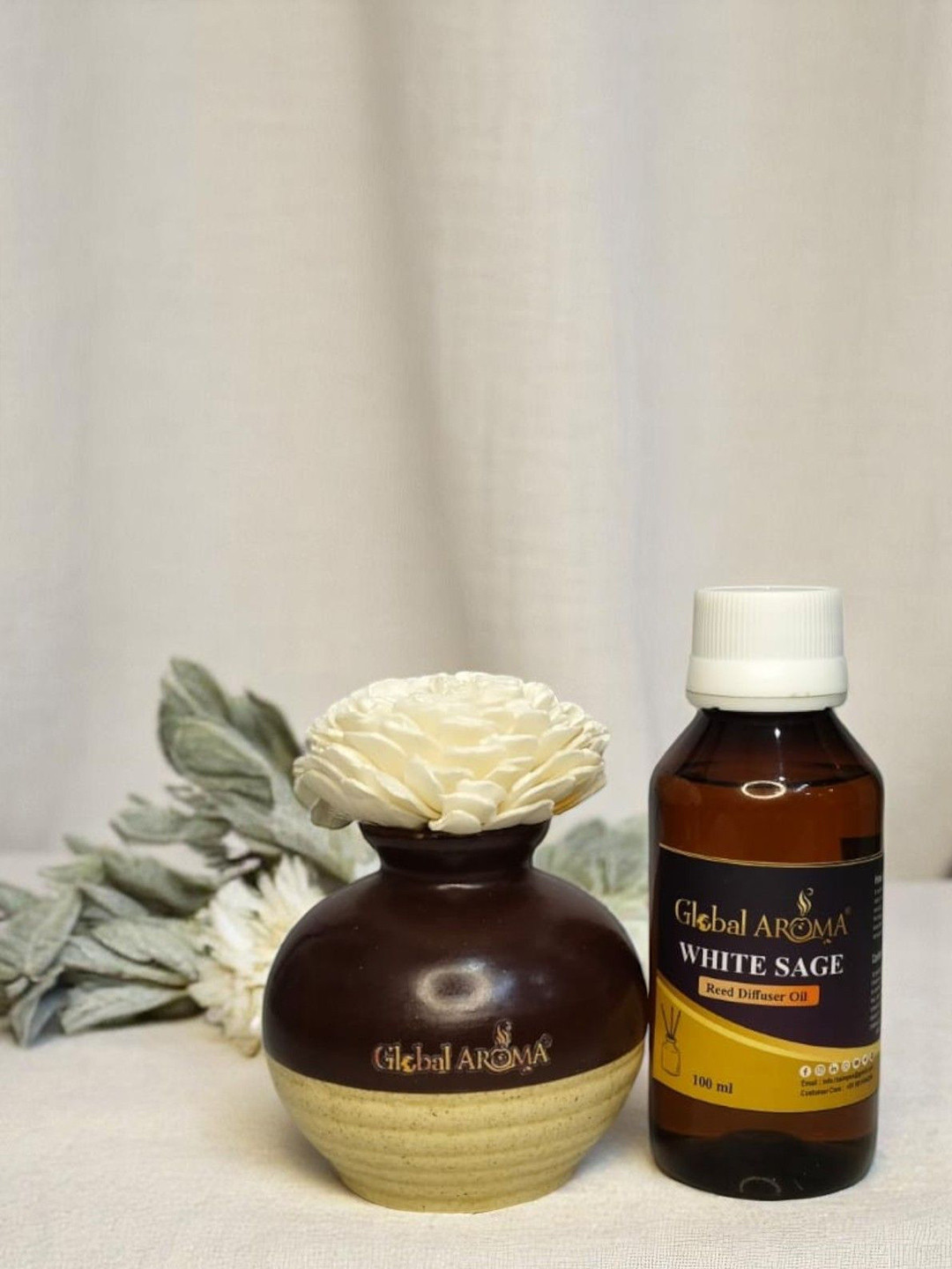 GLOBAL AROMA White Sage Fragracne Ethenic Flower Pot Reed Diffuser Set