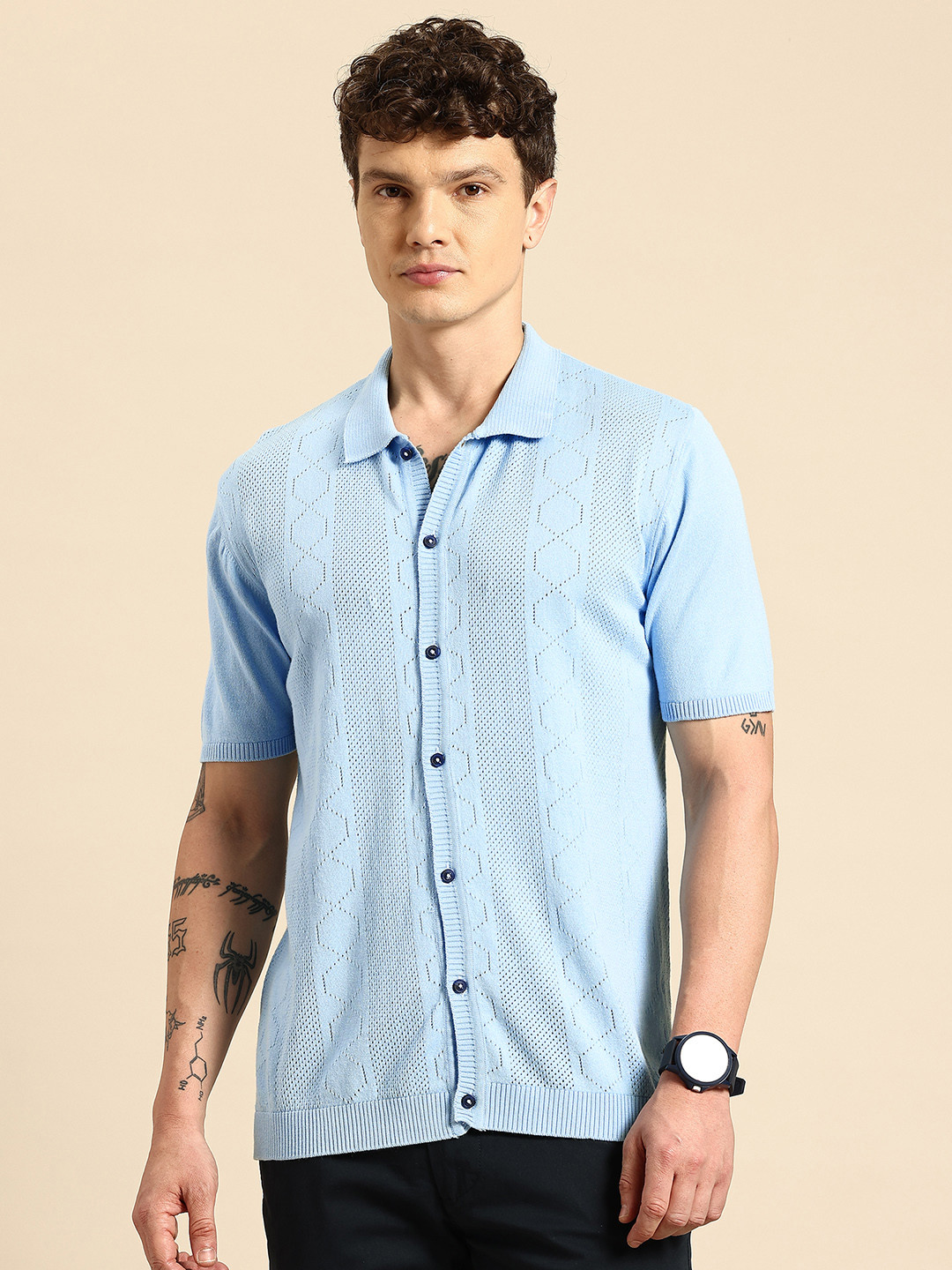 ARMISTO Men Self Design Textured Polo Collar Pure Cotton Party T-shirt