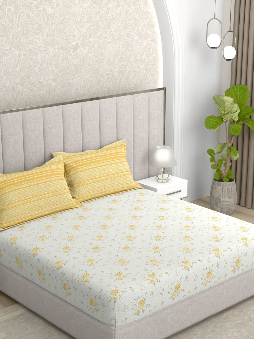 Pure Decor Yellow Floral Pure Cotton Breathable 180TC Queen Superfine Bedsheet with 2 Pillow Covers-90 x 100 inches