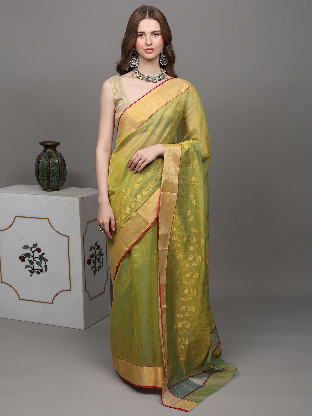 Exotic India Jade-Lime Chanderi Saree with Hand Woven Flowers and Golden Border