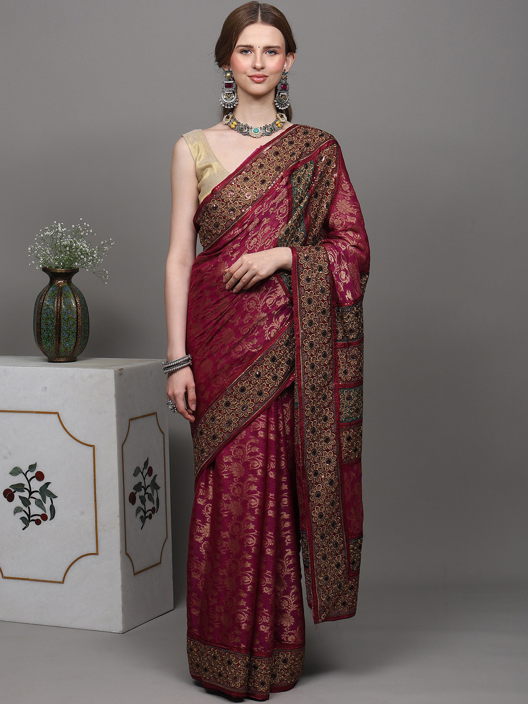 Exotic India Fuchsia Designer Saree with All-Over Thread Embroidered Flowers and Sequins