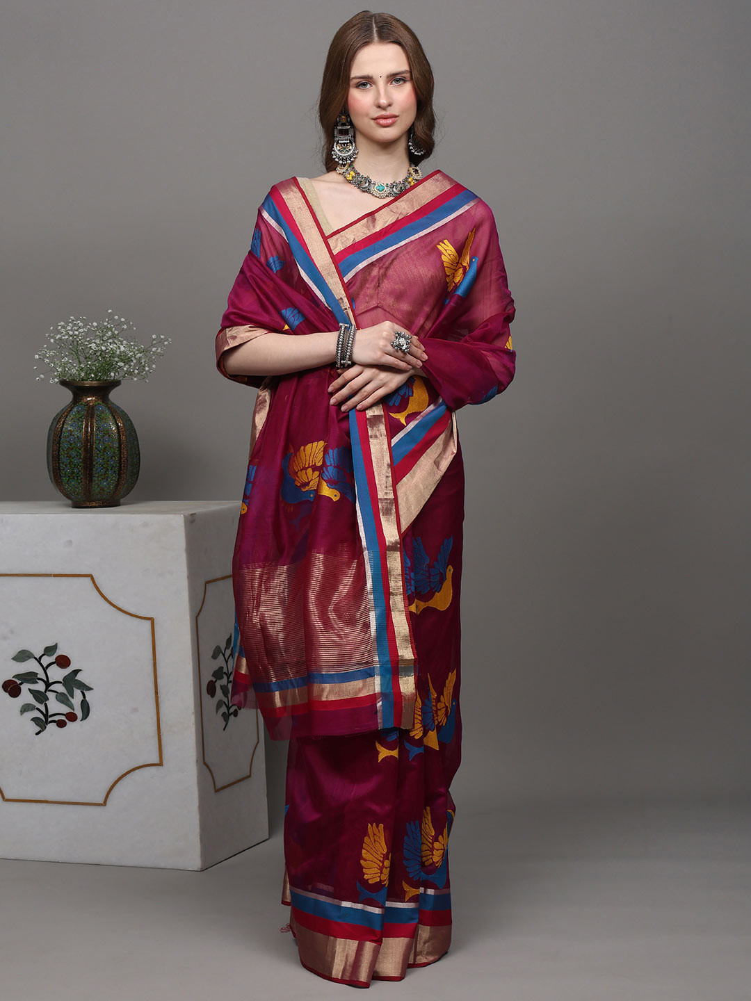 Exotic India Grape-Wine Designer Chanderi Saree with Hand-woven Birds
