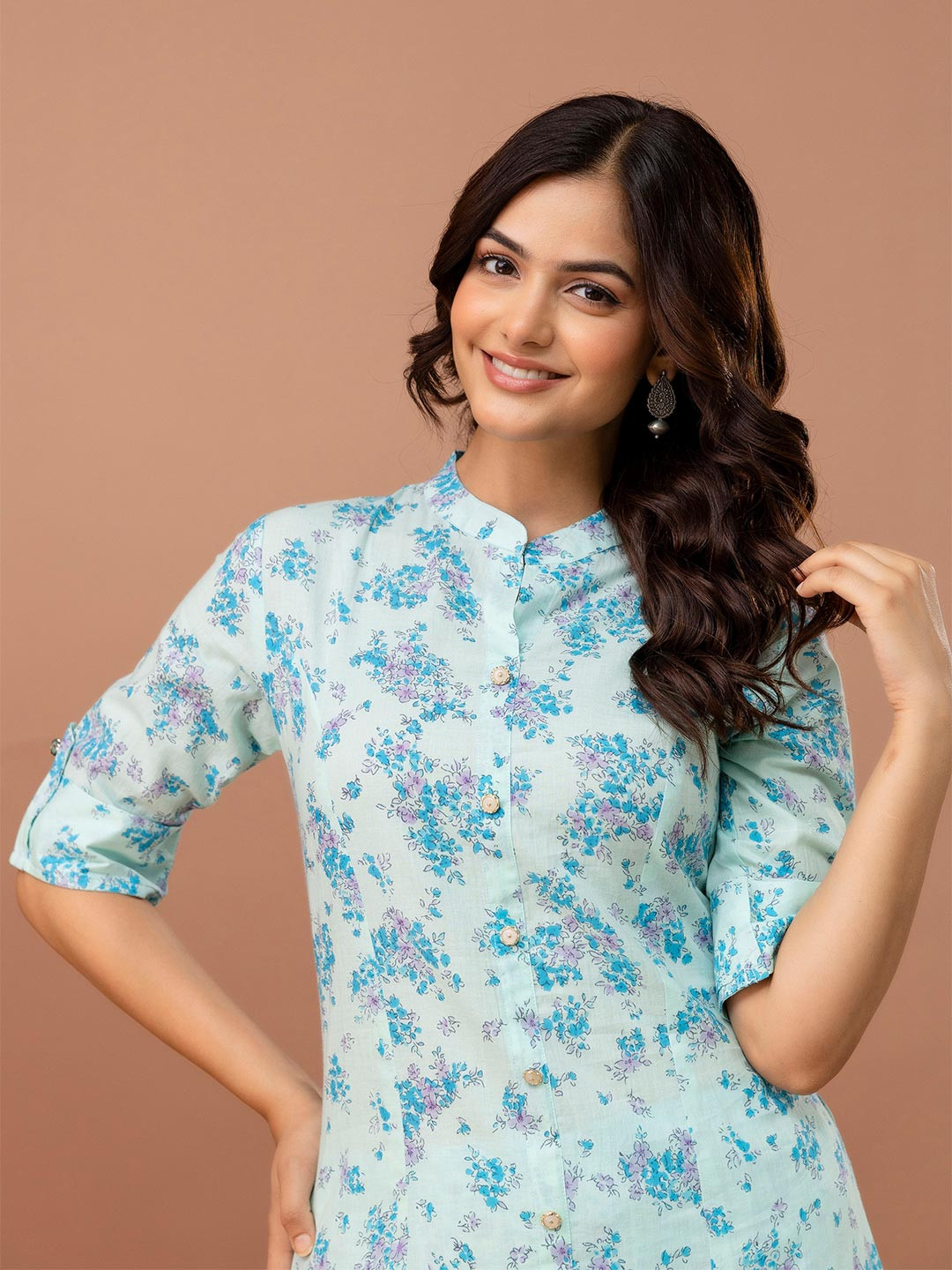 Anouk Rustic Women Floral Printed High Slit Aari Work Pure Cotton Kurta with Palazzos