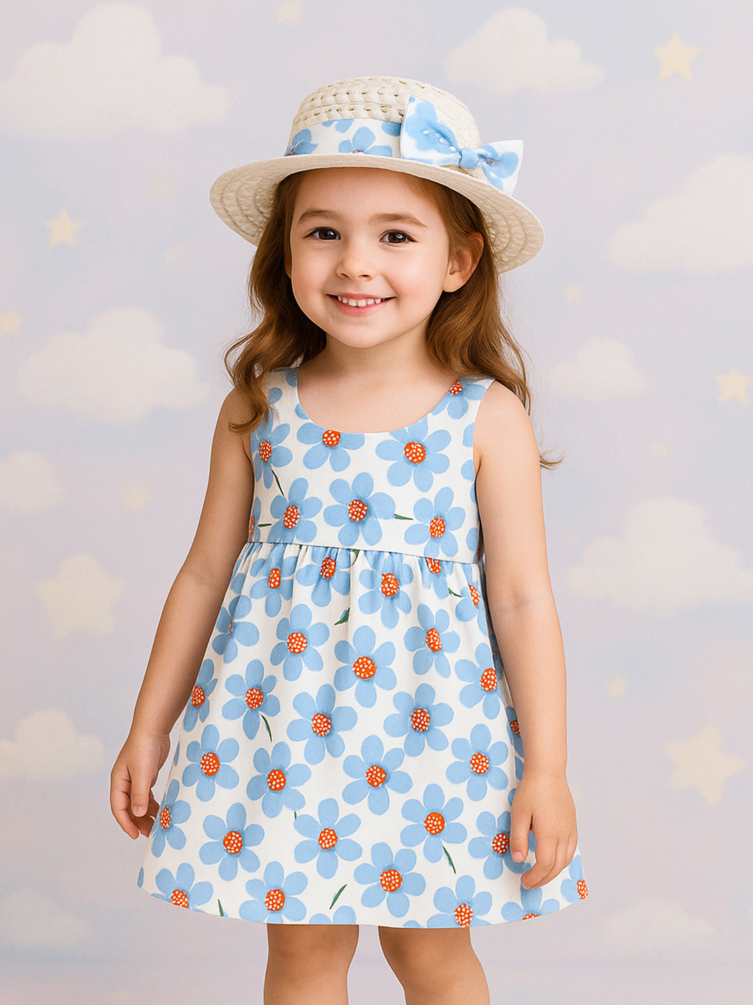 Kidbea Girls Floral Cotton Dress with Matching Hat