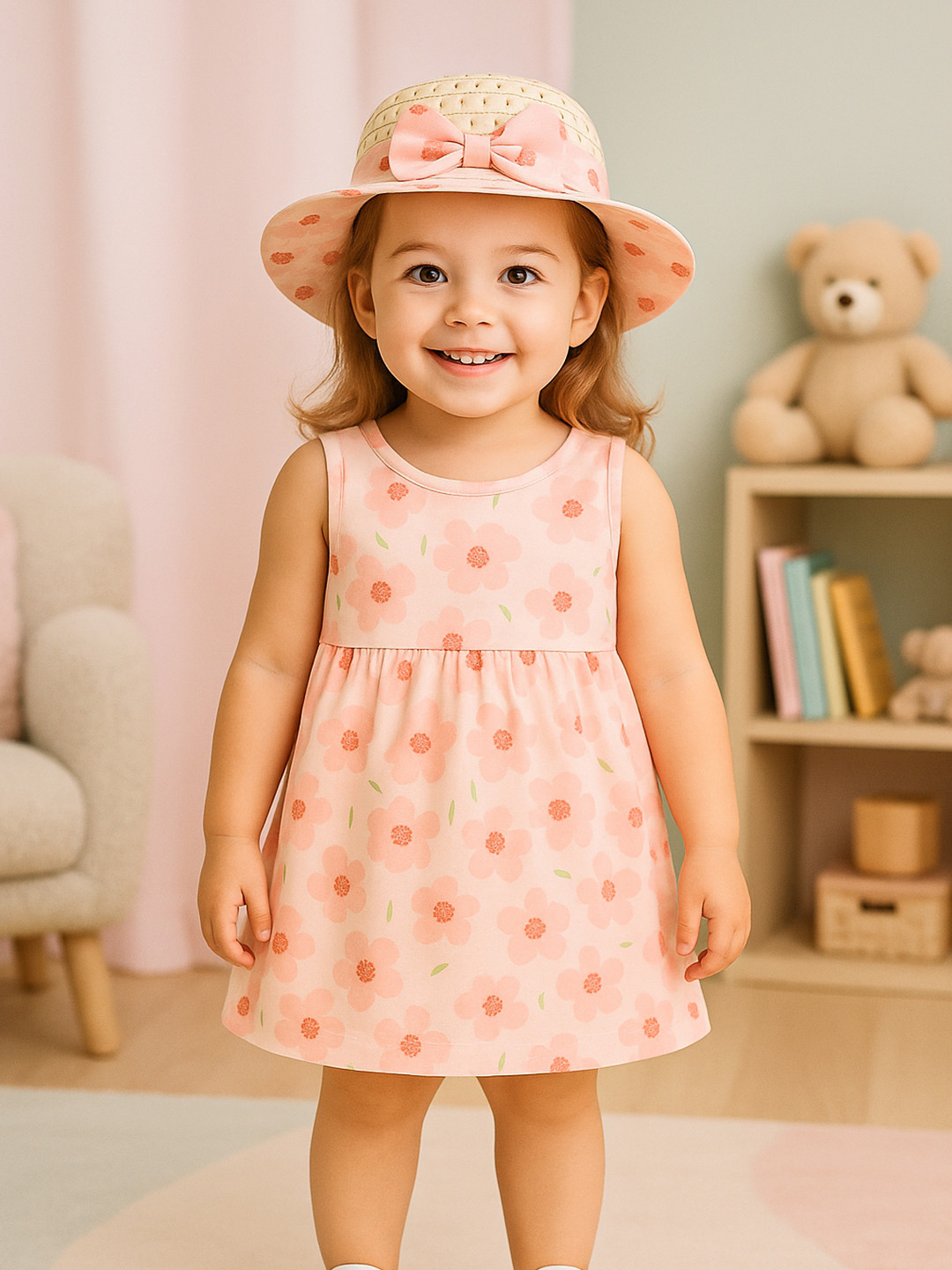 Kidbea Baby Girls Floral Cotton Fit and Flare Dress with Matching Hat