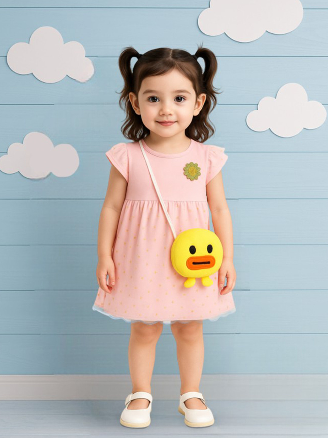 Kidbea Girls Cotton Printed Fit and Flare Party Dress with Duck Bag