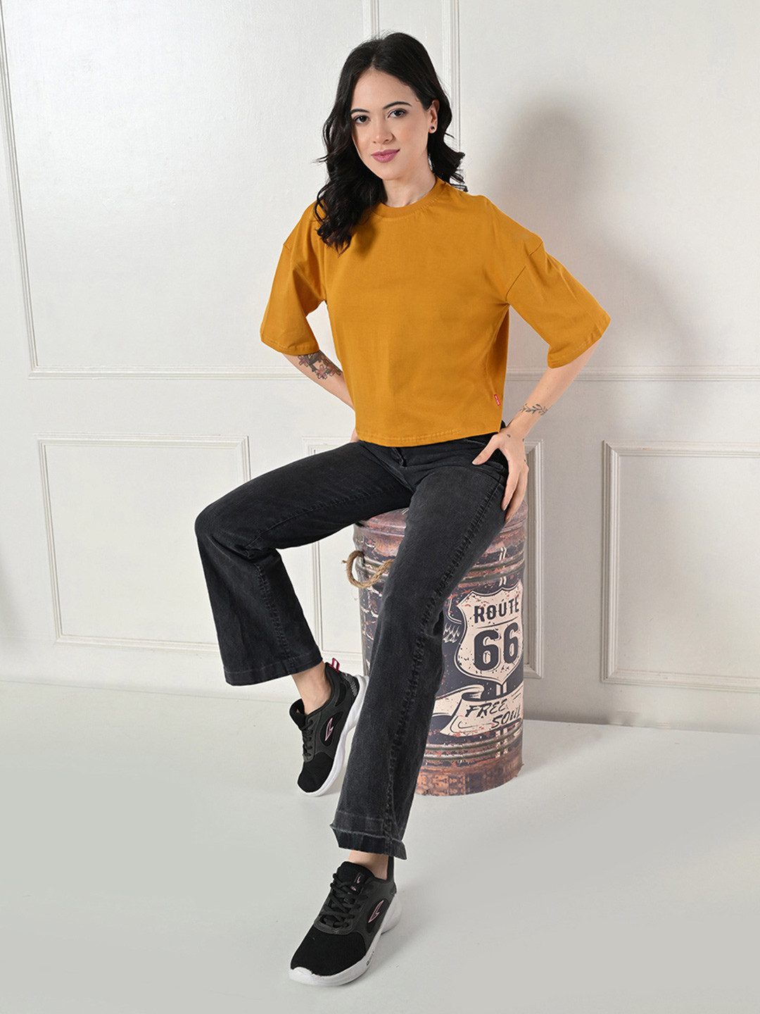 Mustard Yellow Boxy Round Neck Casual T-shirt