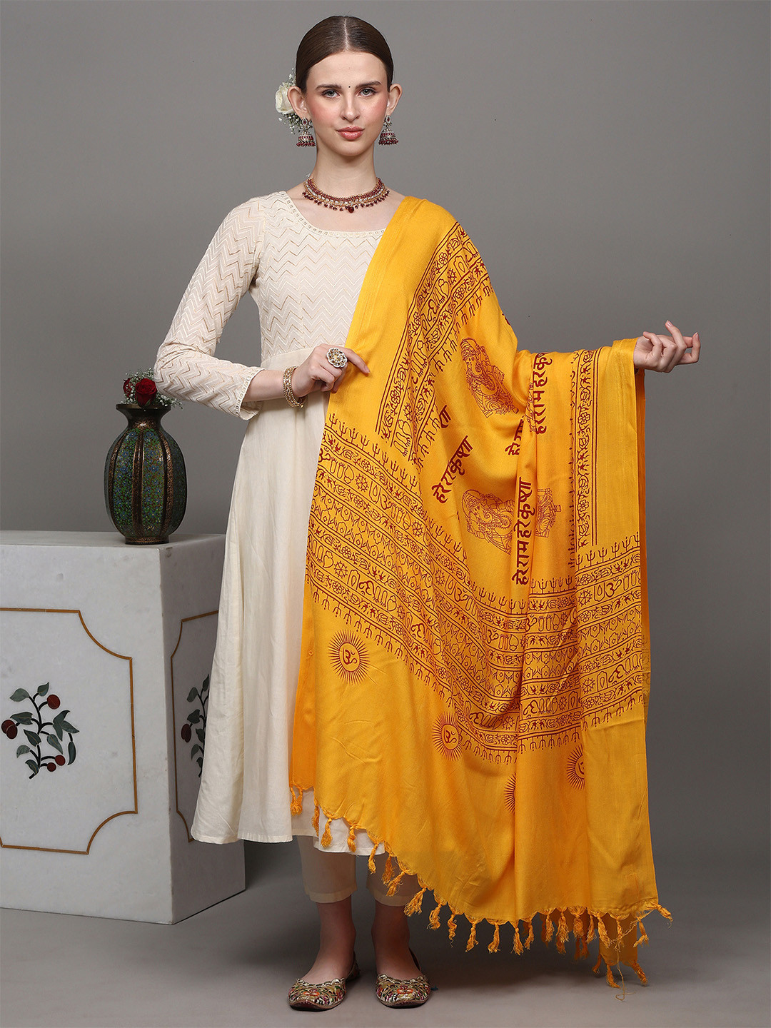 Exotic India Ethnic Motifs Hare Rama Hare Krishna & Ganesha Printed Pure Cotton Shawl