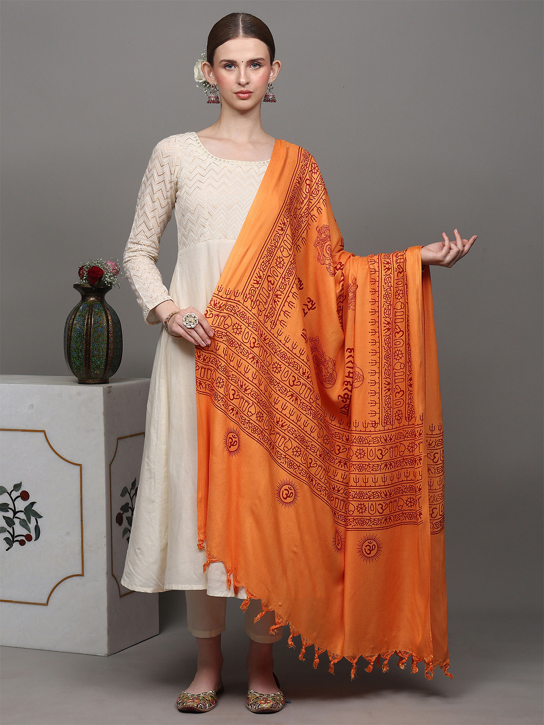 Exotic India Women Hare Rama Hare Krishna Prayer Shawl with Printed Ganesha