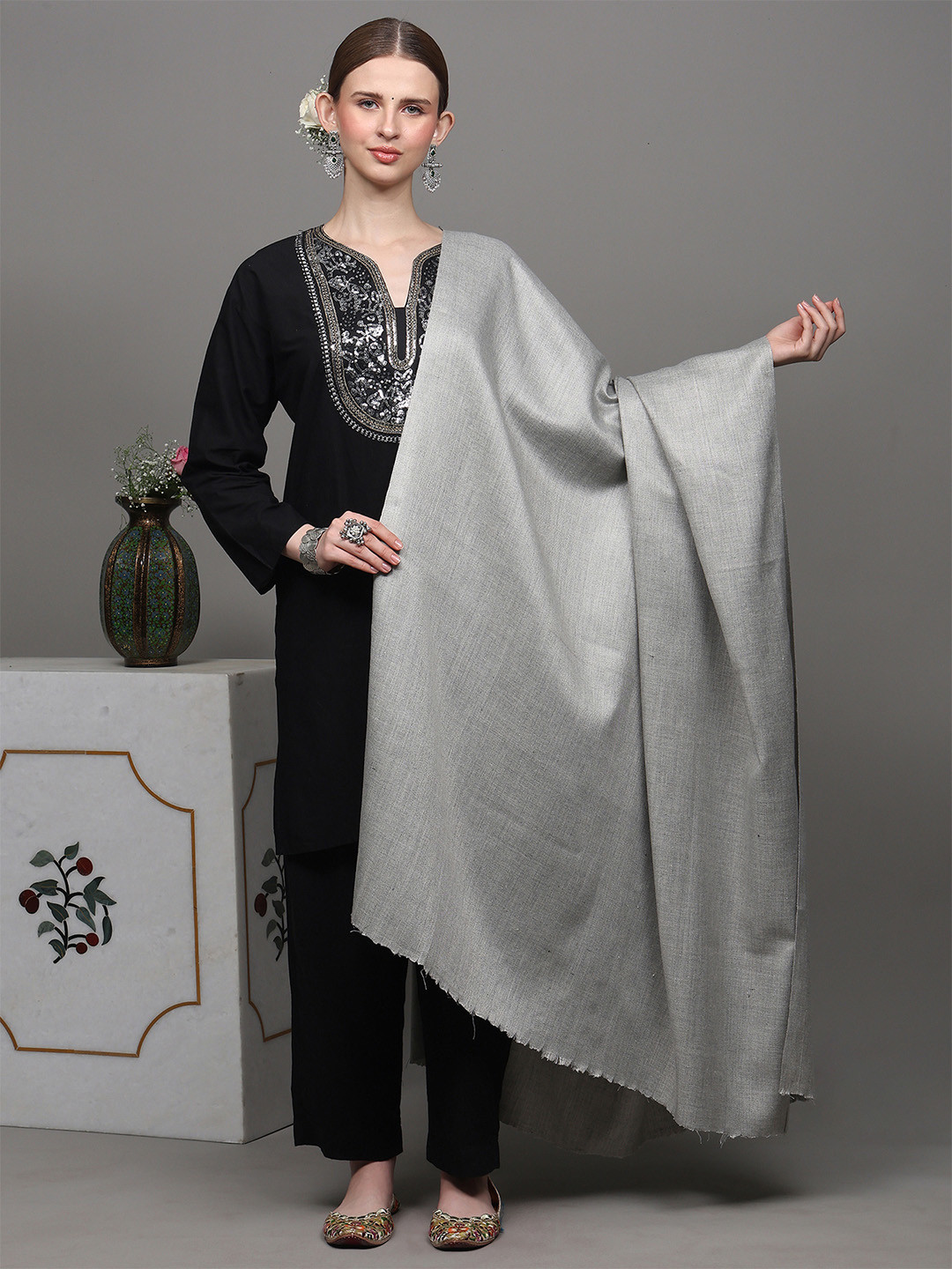 Exotic India Cashmere Women Woollen Shawl with Diamond Weave