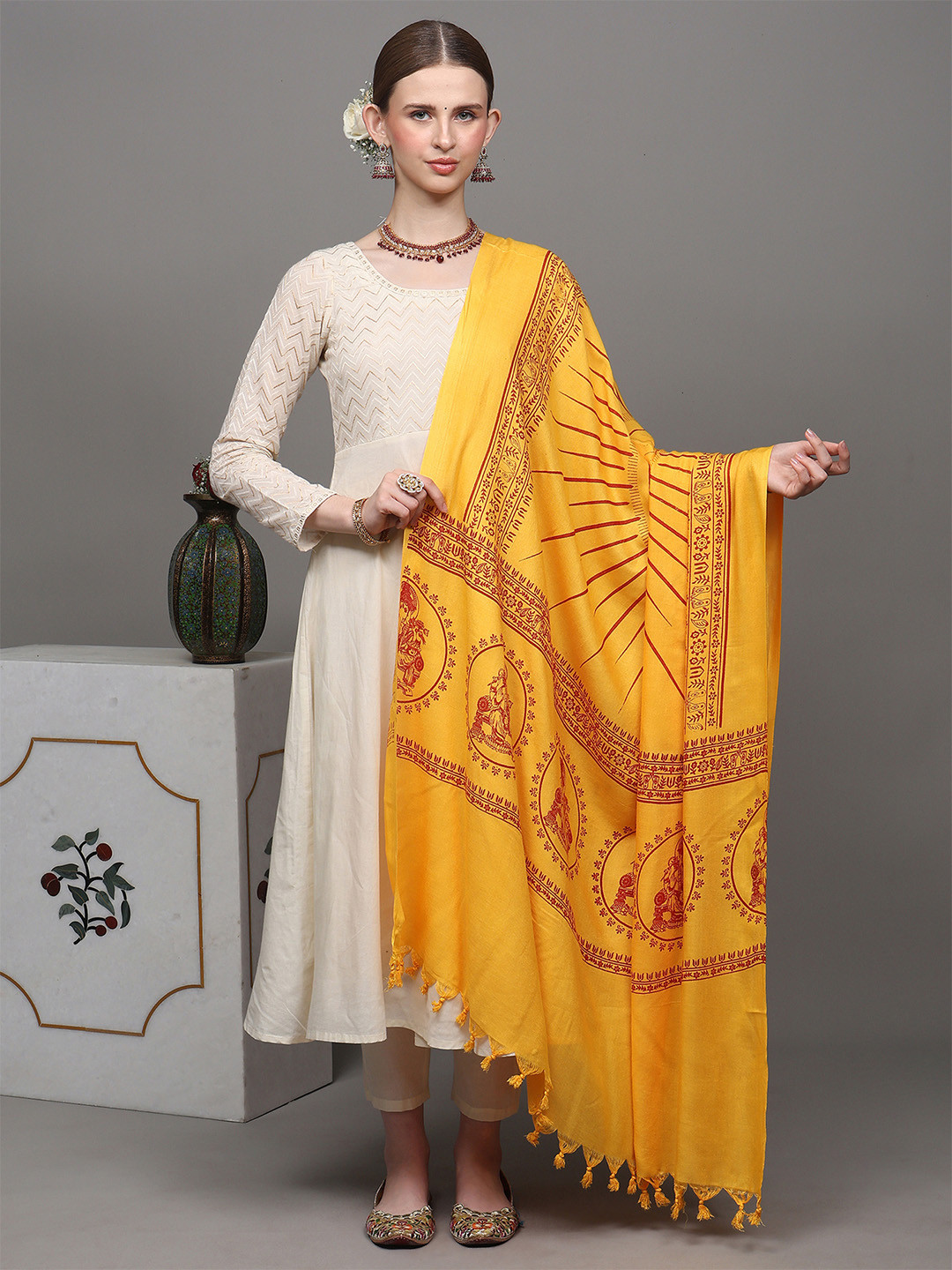 Exotic India Ethnic Motifs Lord Ganesha Printed Pure Cotton Shawl