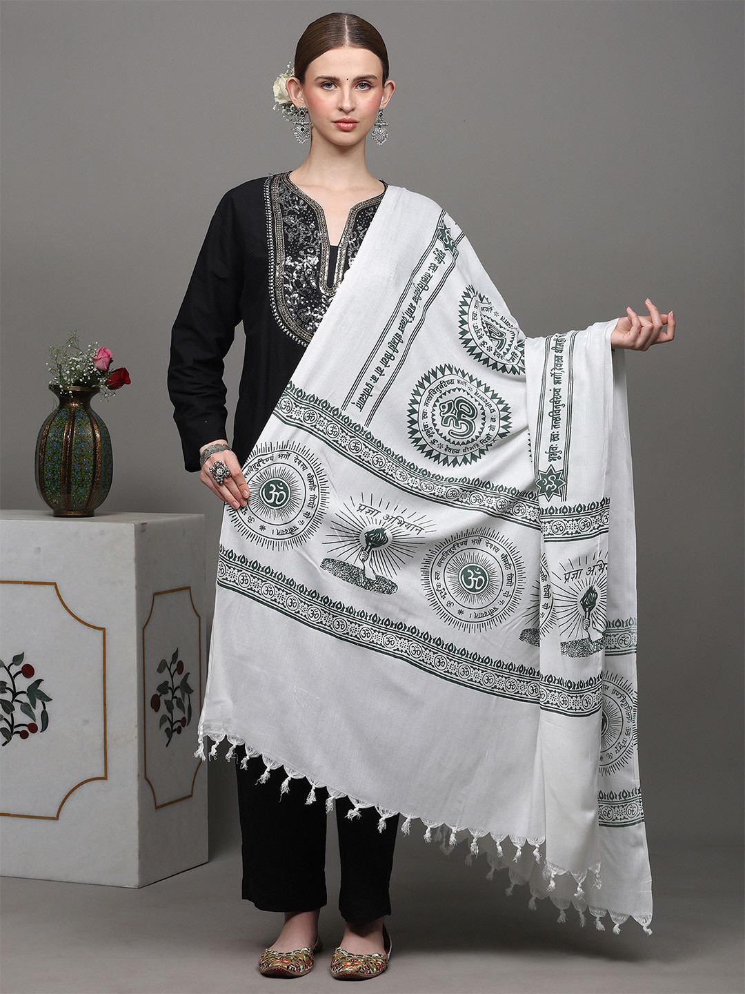 Exotic India Women Gayatri Mantra Prayer Printed Shawl
