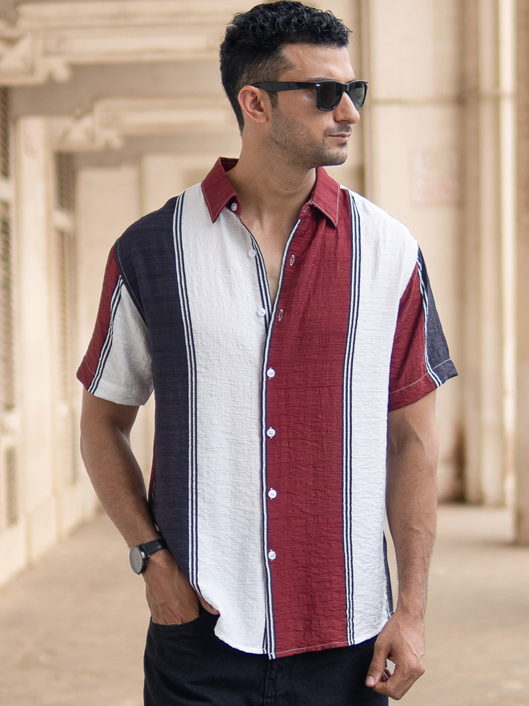 Powerlook Men Striped Spread Collar Lightweight Structure Casual Shirt