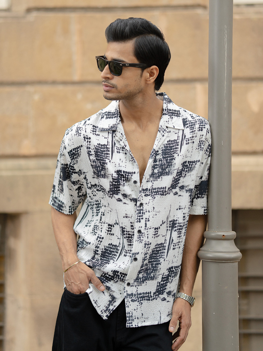 Powerlook Men Oversized Fit Abstract Printed Cuban Collar Casual Shirt
