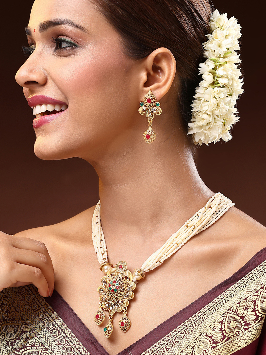 ADIVA 22K Gold-Plated Kundan Stone Studded & Pearls BeadedJewellerySet
