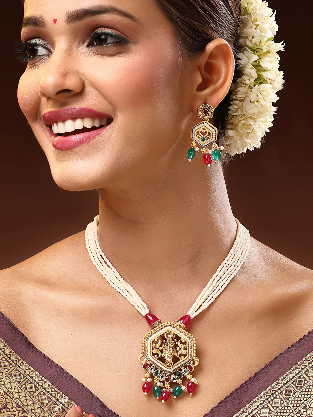ADIVA 22K Gold-Plated Lord Krishna Kundan-Studded & Pearls Beaded Jewellery Set