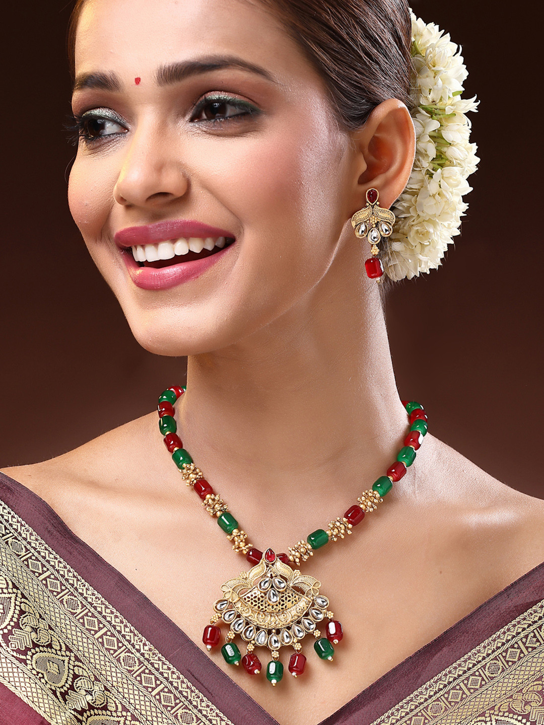 ADIVA 22K Gold-Plated Stones Studded & Beaded Jewellery Set