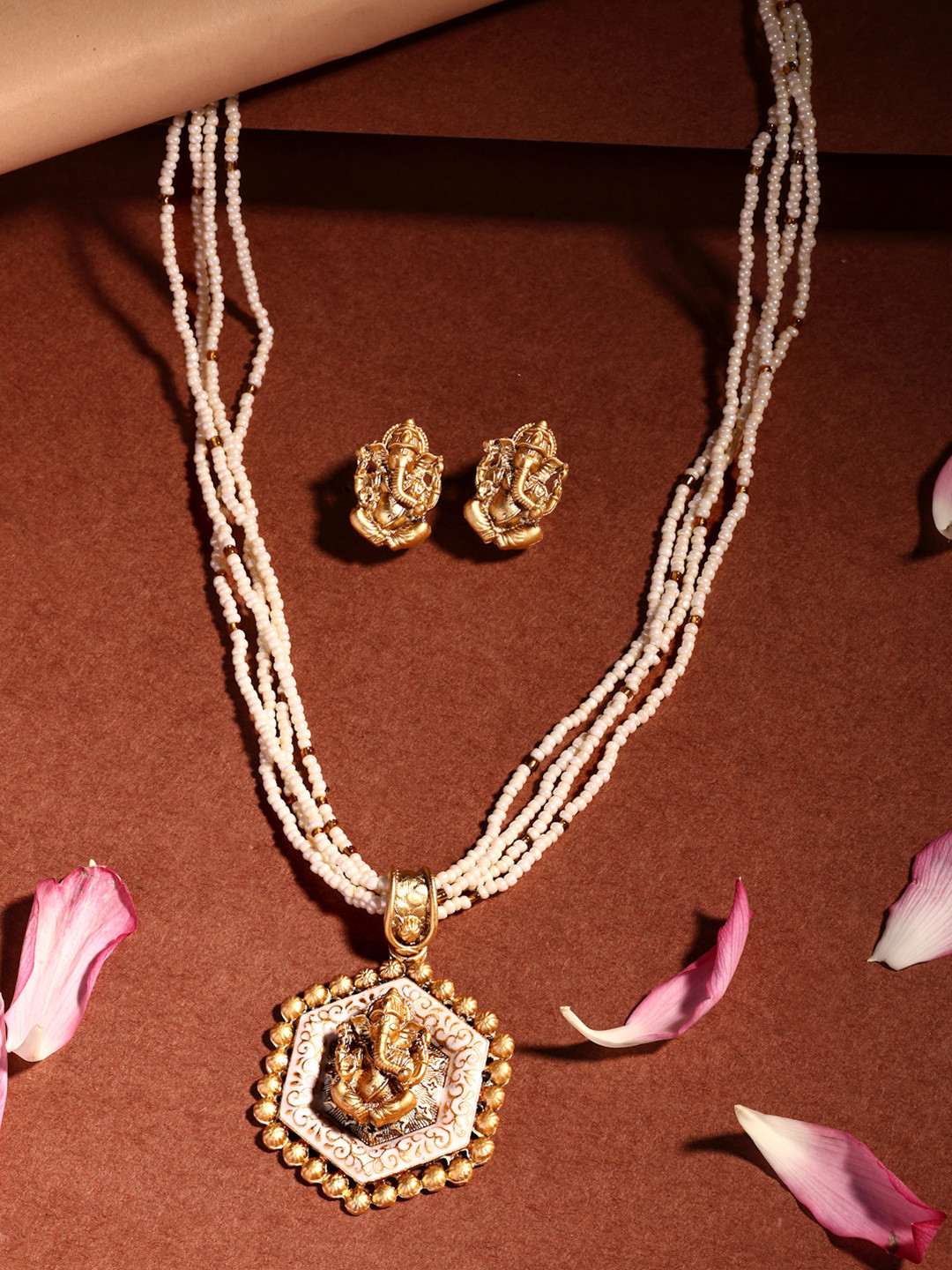 ADIVA 22K Gold-Plated Lord Ganesh Pendant & BeadedJewellerySet