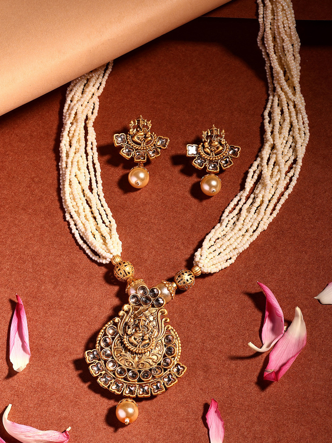 ADIVA 18K Gold-Plated Lord Ganesha Kundan Stone with Pearl & Beaded Jewellery Set