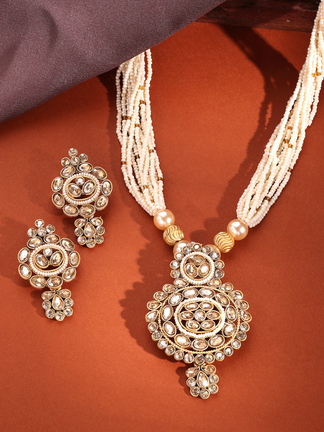 ADIVA 18K Gold-Plated Kundan Stone Studded & Pearls BeadedJewellerySet