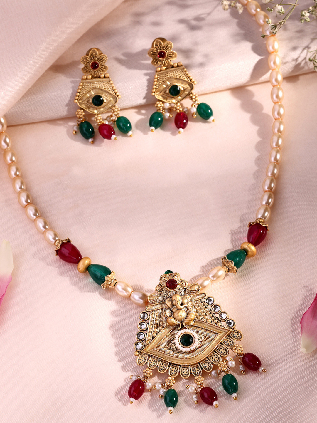 ADIVA 22K Gold-Plated Lord Ganesh Kundan Stone-Studded & Pearl BeadedJewellerySet