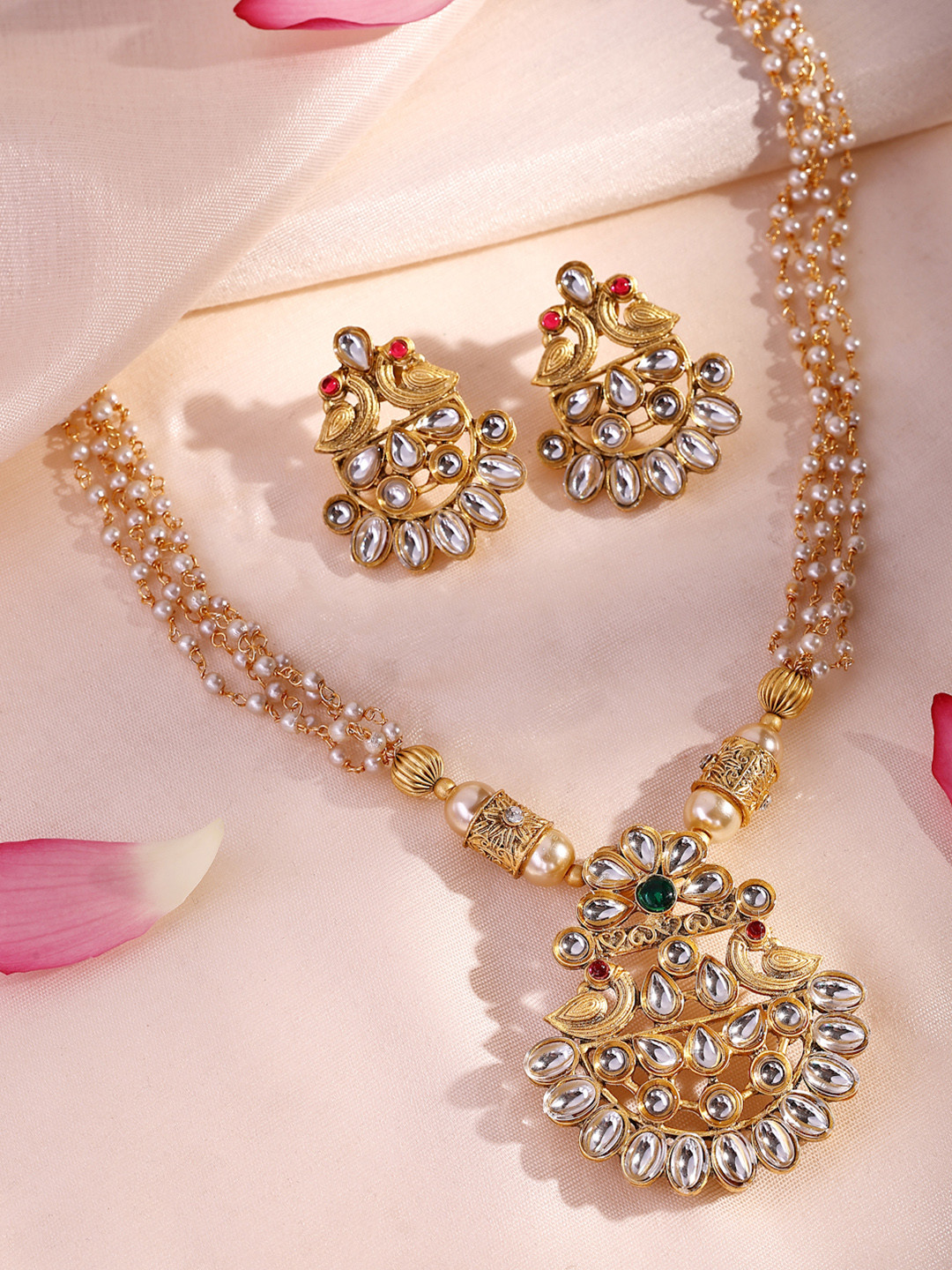 ADIVA 22K Gold-Plated Peacock Kundan Stone Pearl & Beaded Jewellery Set