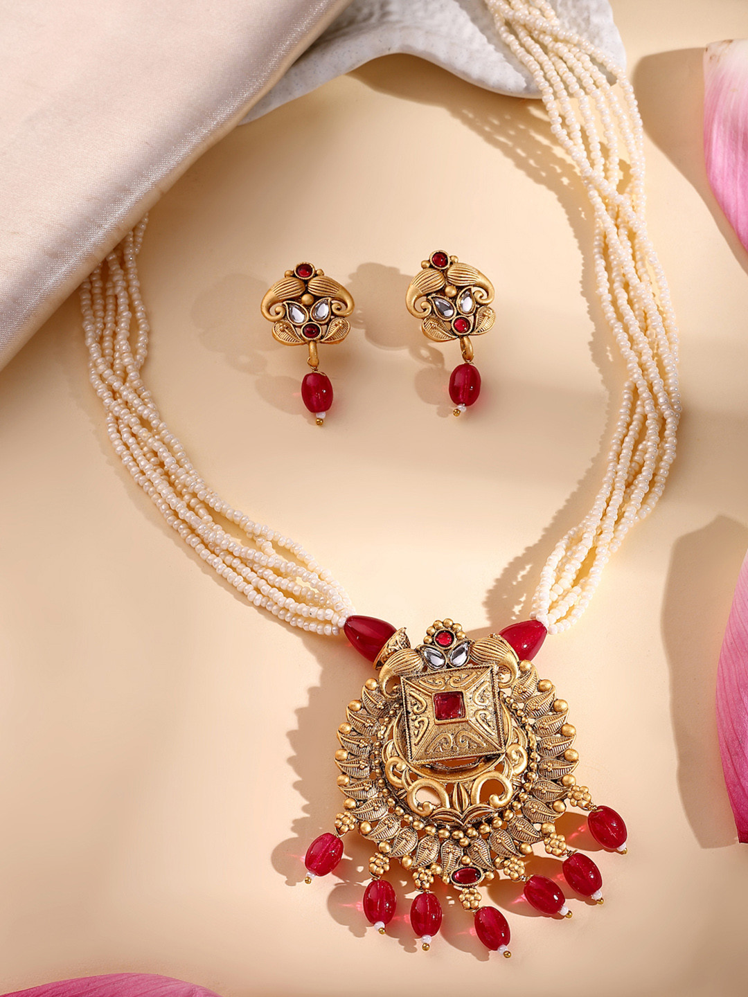 ADIVA 22K Gold-Plated Lord Shiva Kundan Stone with Multistrand Pearl & Beads Jewellery Set