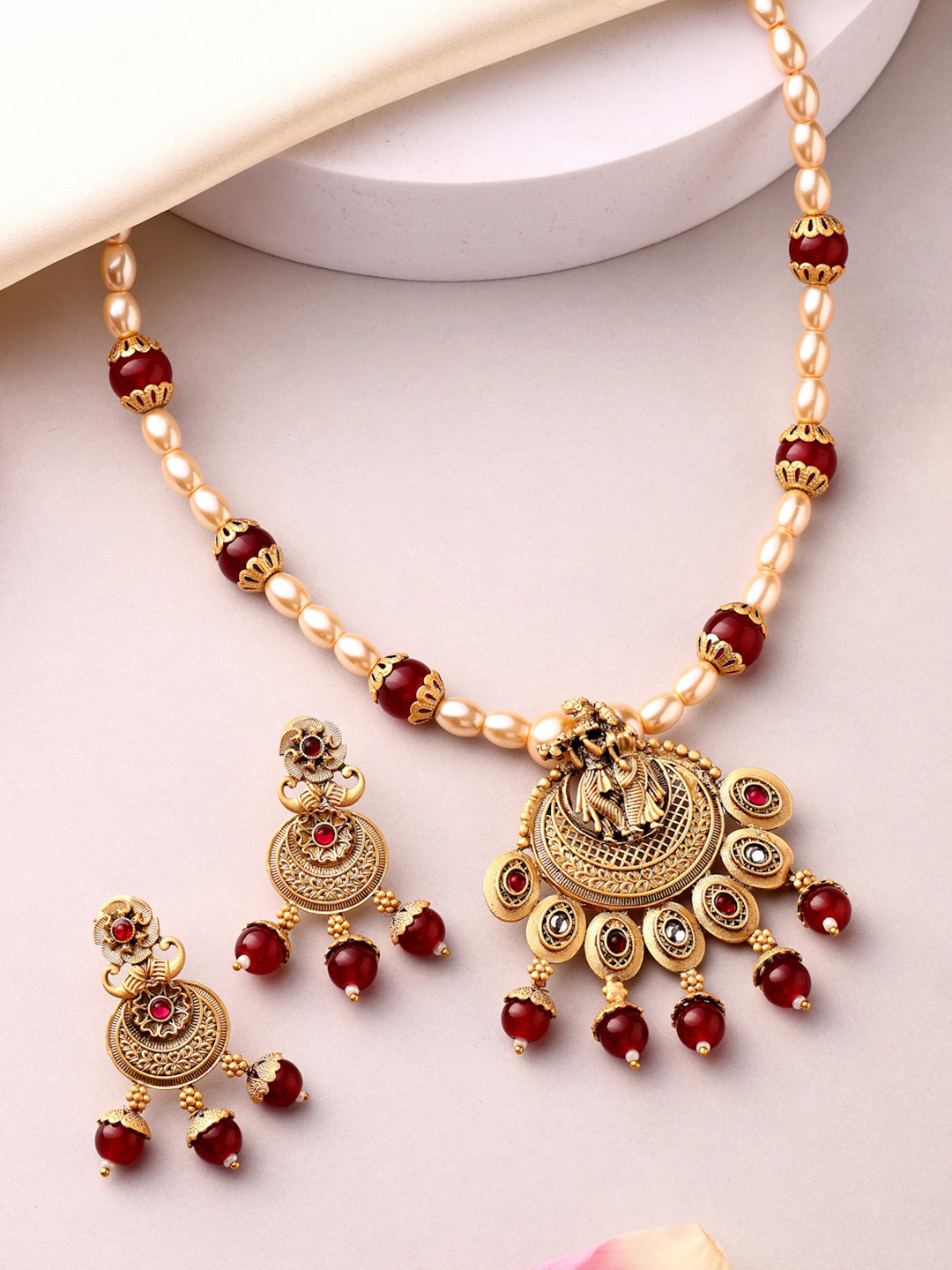 ADIVA 18K Gold-Plated Lord Krishna Pearls & Stone Studded JewellerySet