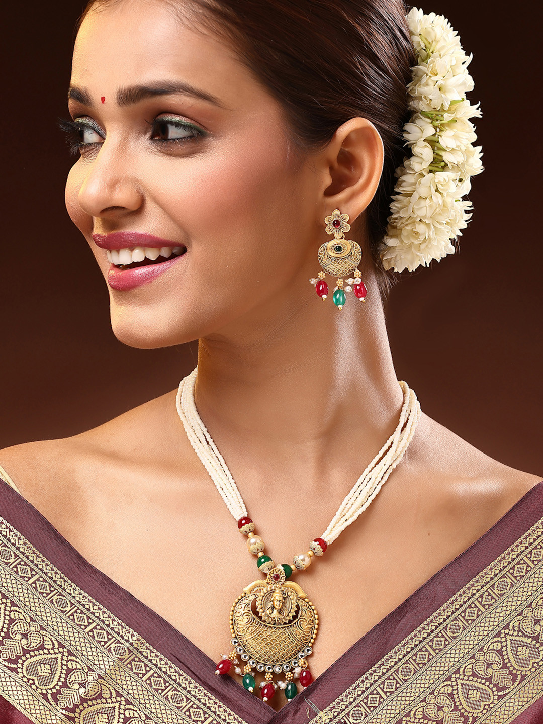 ADIVA 22K Gold-Plated Lord Shiva Kundan Stone with Pearl & Beaded Jewellery Set