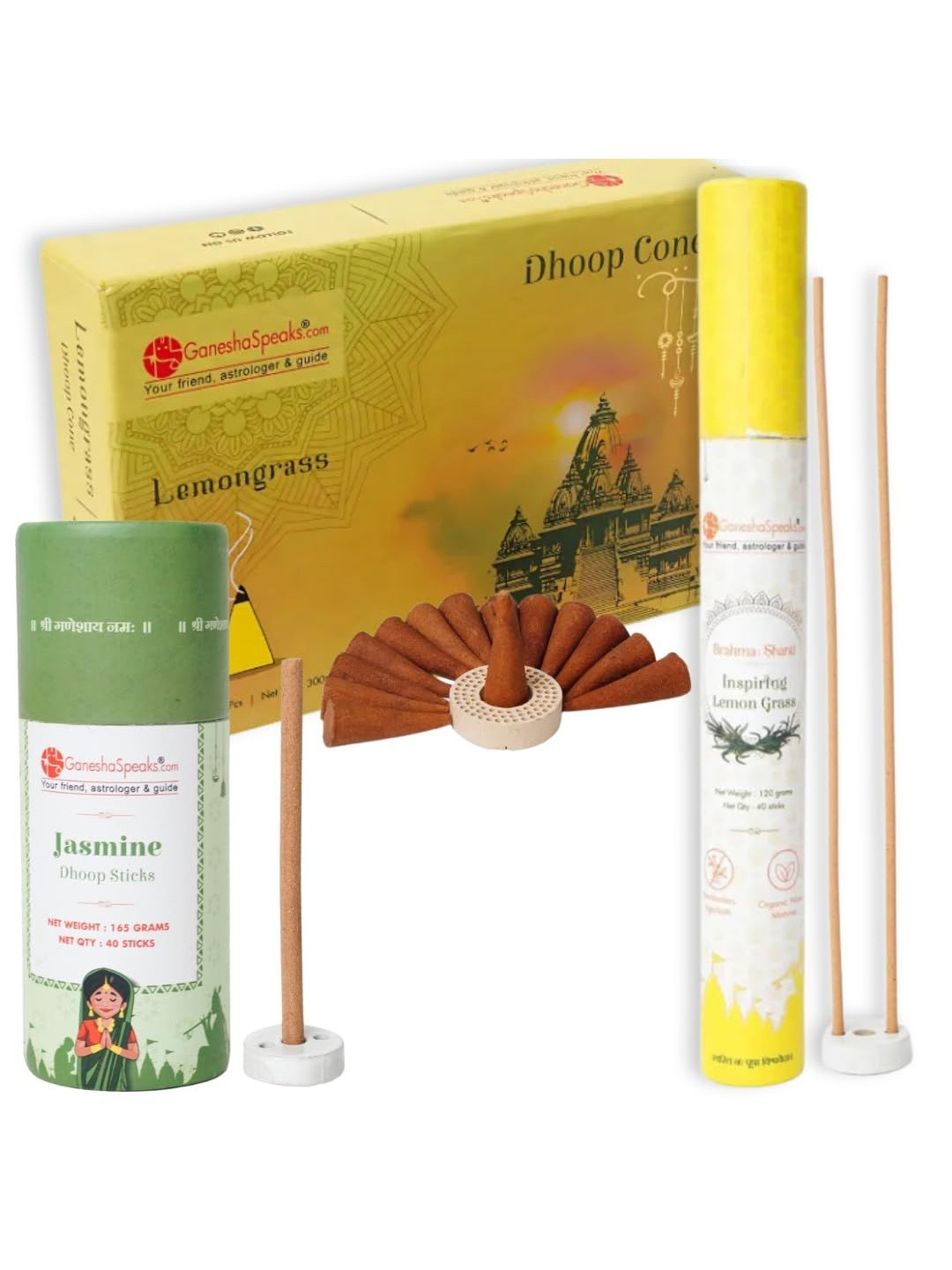GaneshaSpeaks 130-Pcs Brown Lemongrass Dhoop Cones, Incense Sticks & Jasmine Dhoop Sticks