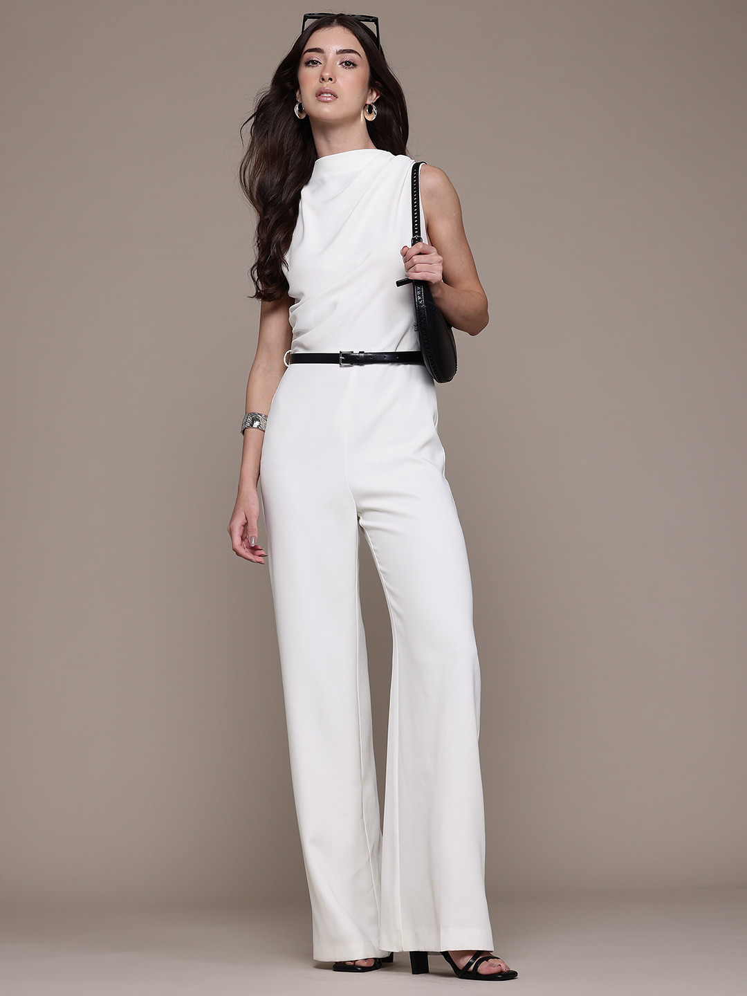 MANGO Draped Effect Round Neck Basic Jumpsuit with Belt