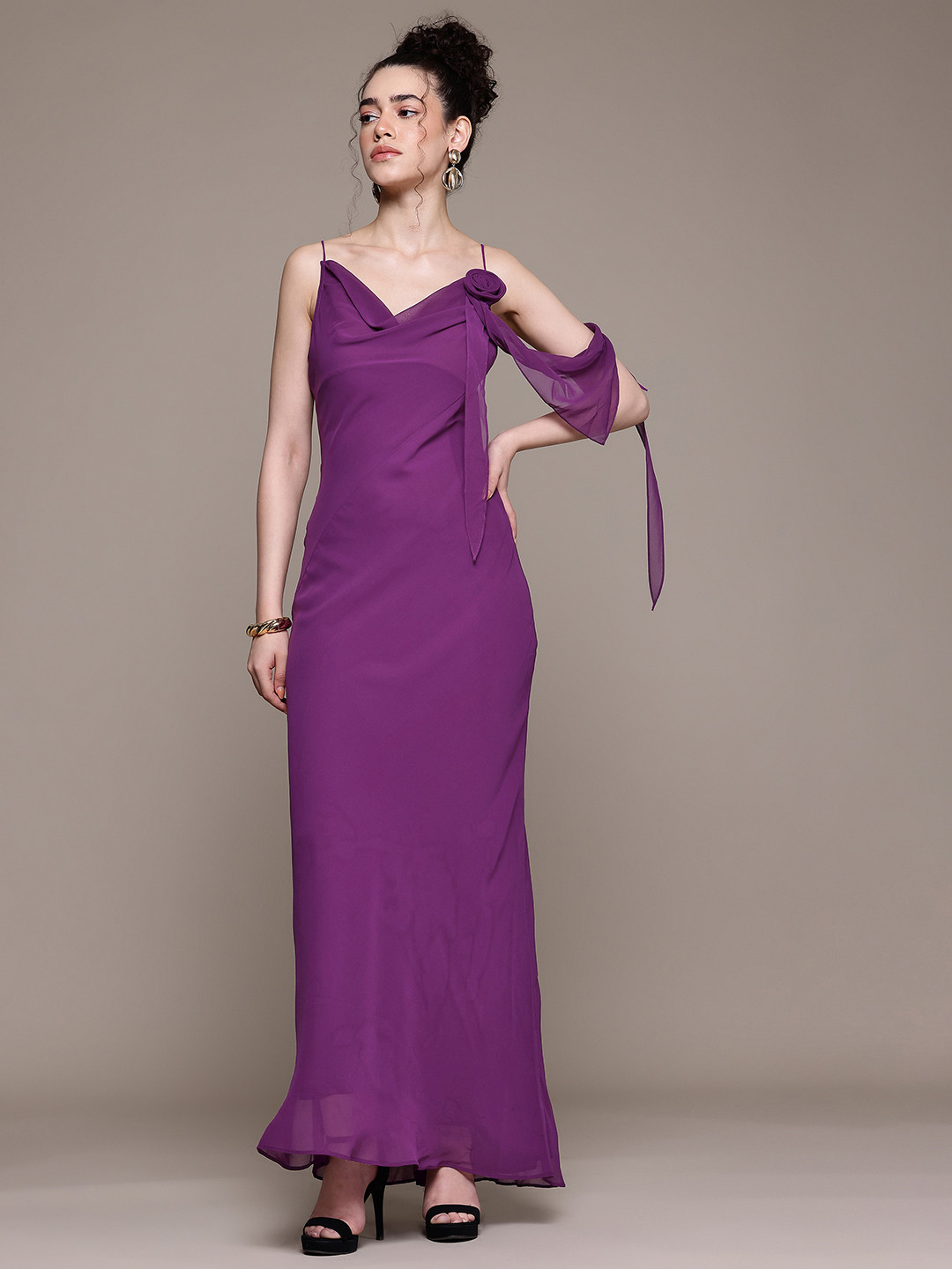 MANGO Shoulder Straps Flower Detail Maxi Dress