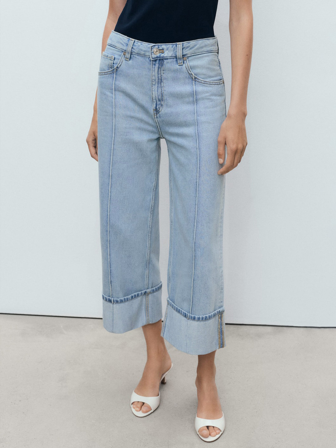 MANGO Women Wide Leg Cropped Jeans with Turned-Up Hem