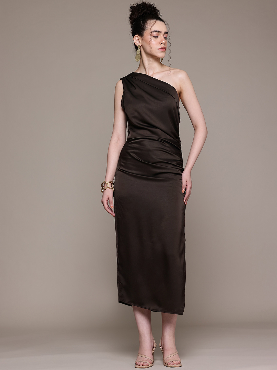 MANGO One Shoulder Satin Midi Dress