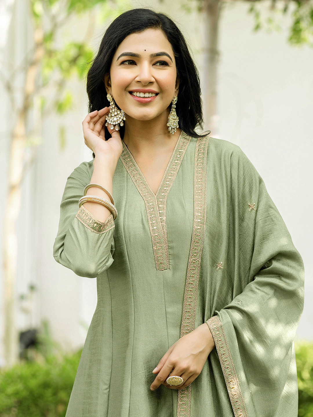 SANISA Ethnic Motifs Yoke Design Sequinned Anarkali Kurta With Palazzos & Dupatta