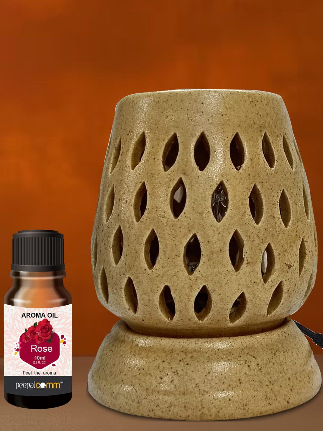 PEEPALCOMM 2Pcs Brown Printed Ceramic Long Electrical Diffuser With Rose Aroma Oil -10ml