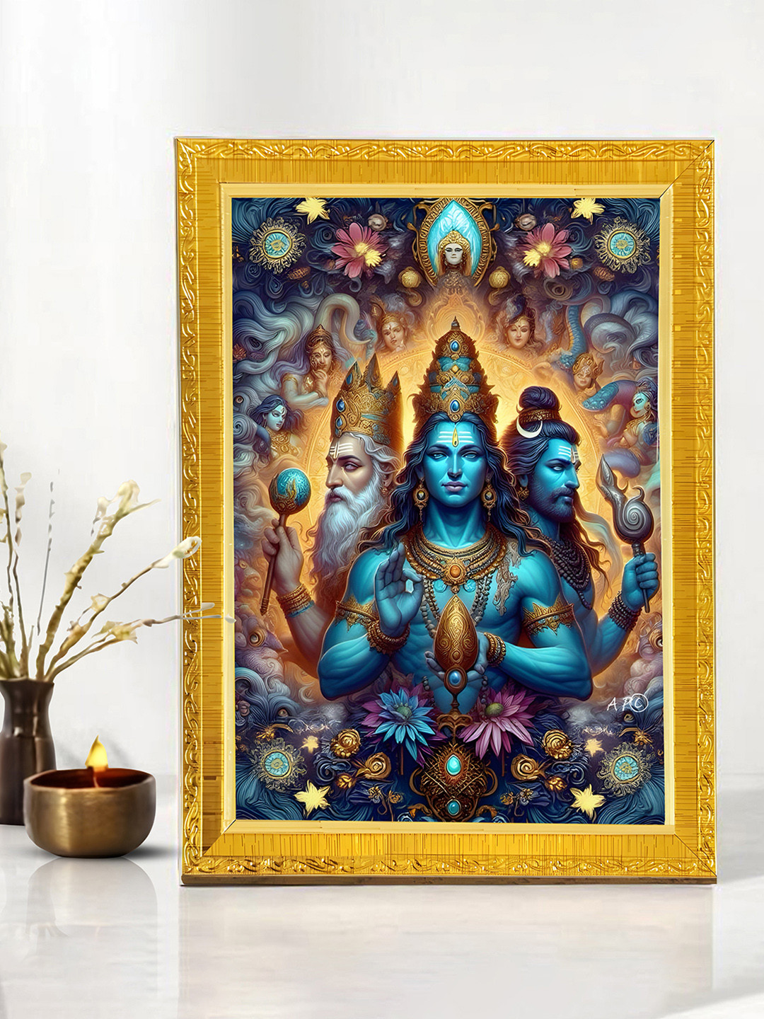 Art Street Gold-Toned & Blue Trimurti Brahma Vishnu Mahesh Religious Wall Paintings