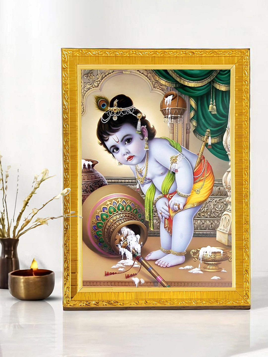 Art Street Gold-Toned & Blue Lord Little Krishna with Makhan God Religious Wall Paintings