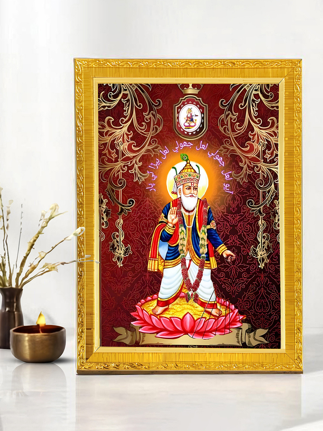 Art Street Gold-Toned & Red Lord Jhulelal God Religious Wall Paintings