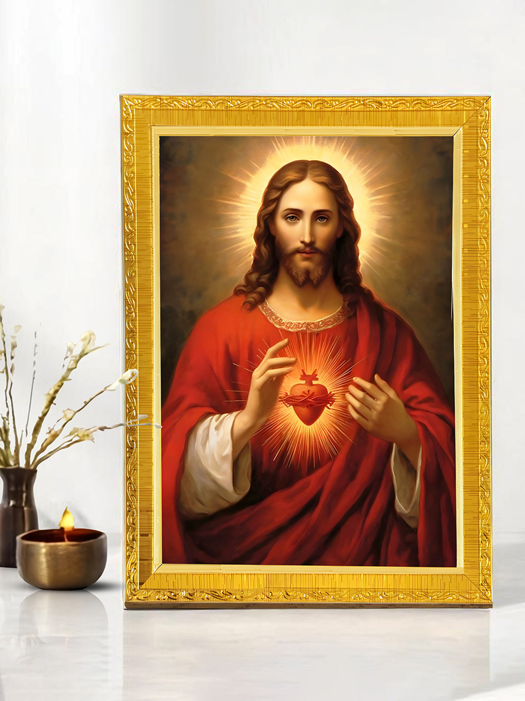 Art Street Gold-Toned & Red Jesus with Heart God Religious Wall Paintings