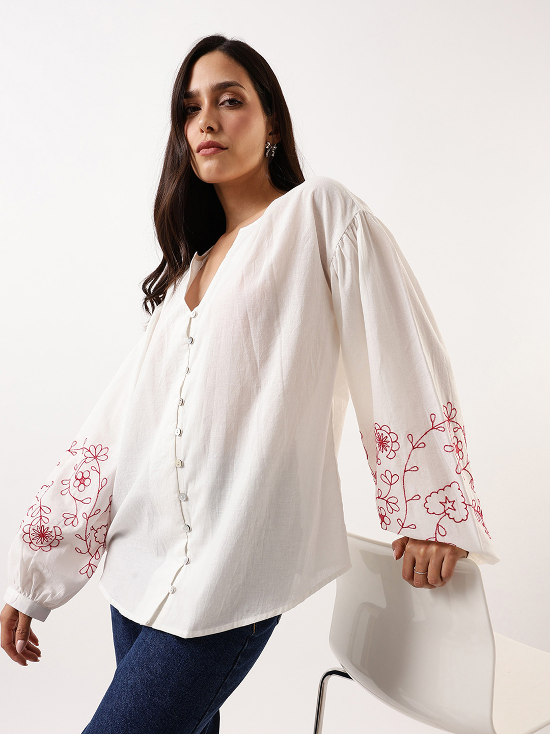 DL Woman Floral Embroidered Mandarin Collar Cotton Blouson Top