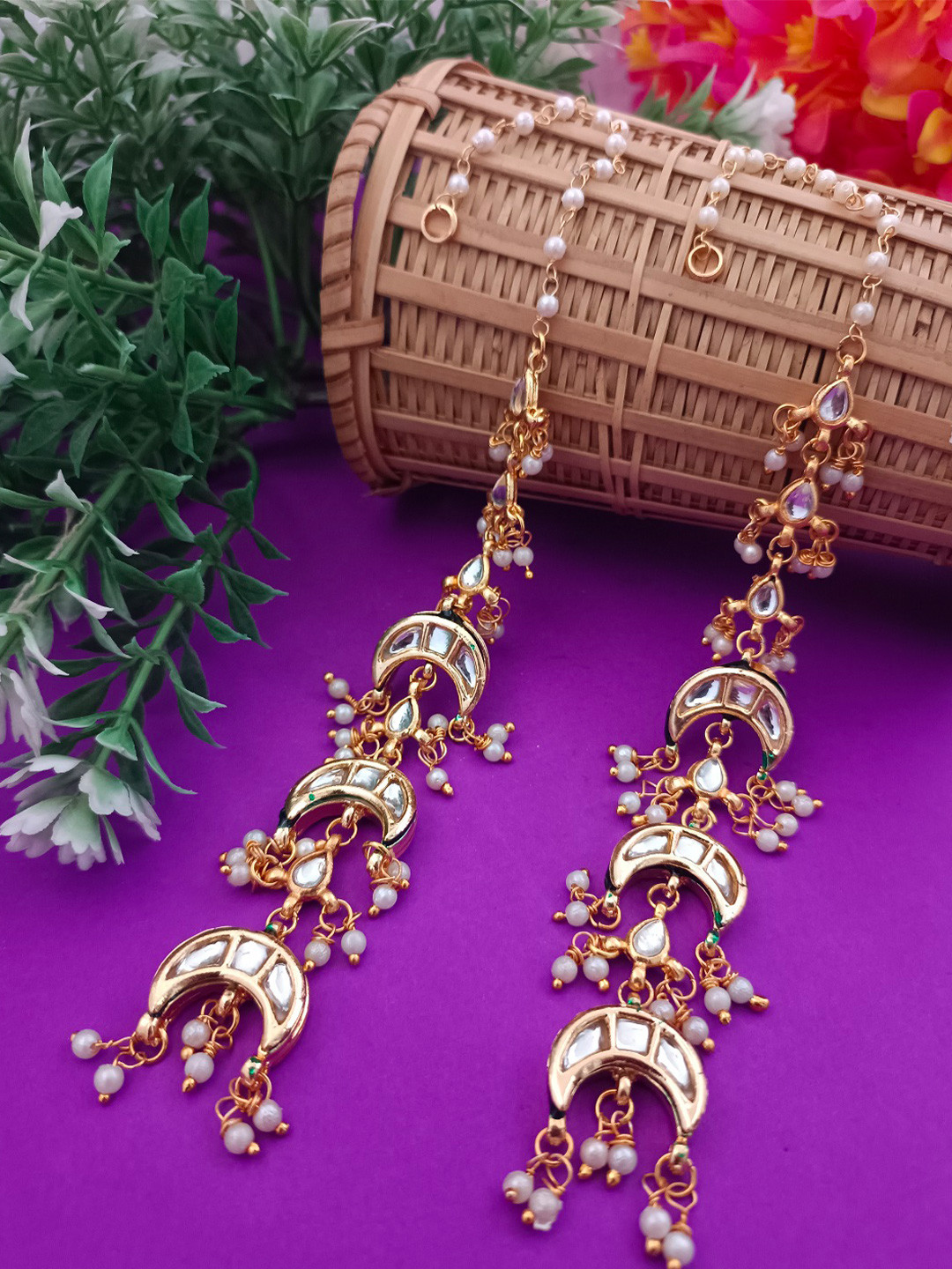 Sanjog Gold Plated Kundan Stones Studded Crescent Moon Pearl Earchain Earrings