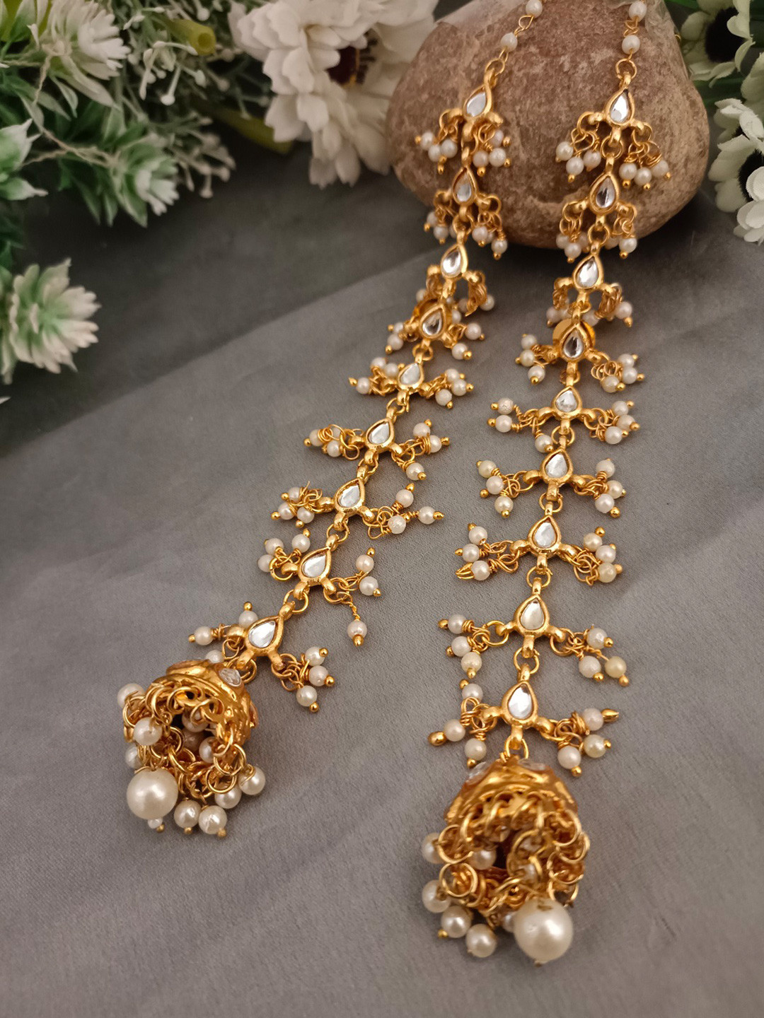 Sanjog Gold Plated Kundan Stones Studded Teardrop Shaped Earchain Jhumka Jhumki Pearl Earrings