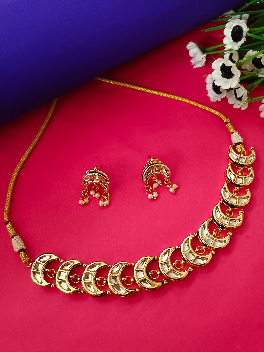 Sanjog Gold-Plated Kundan-Studded & Beaded Crescent Moon Choker Jewellery Set