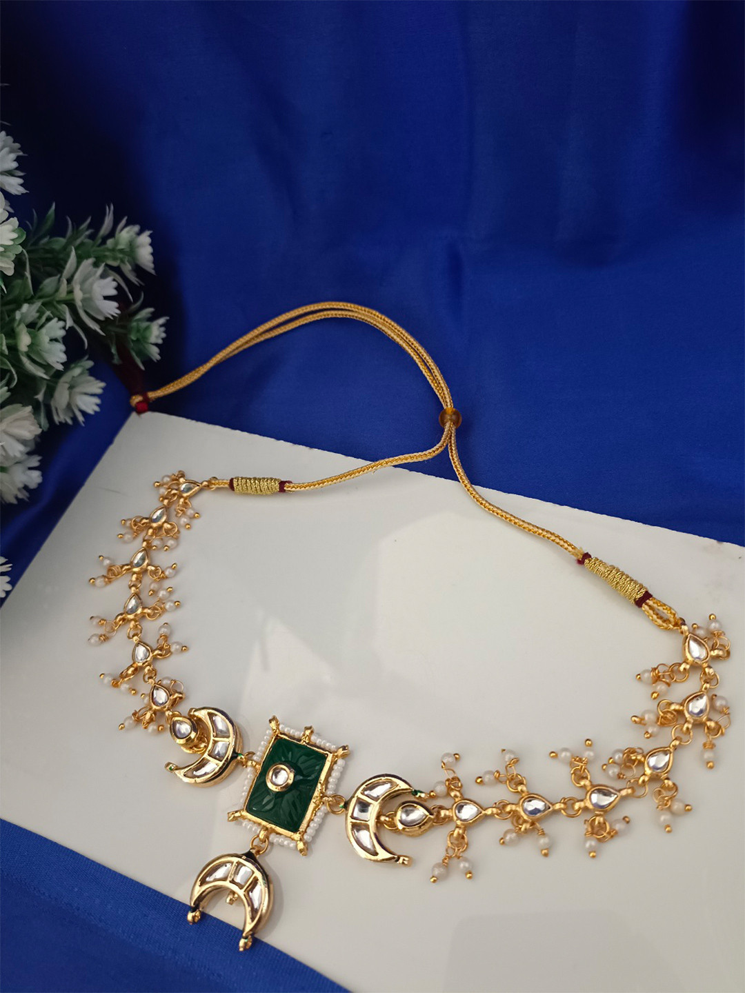 Sanjog Gold-Plated Kundan Studded Pearls Beaded Meenakari Crescent Moon Choker Necklace