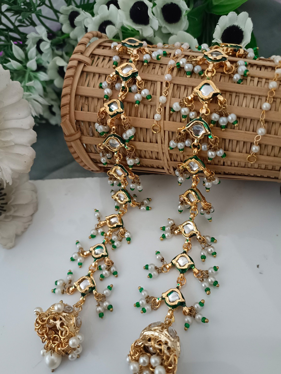 Sanjog Gold Plated Kundan Stones Studded Meenakari Green Pearl Earchain Jhumka Earrings