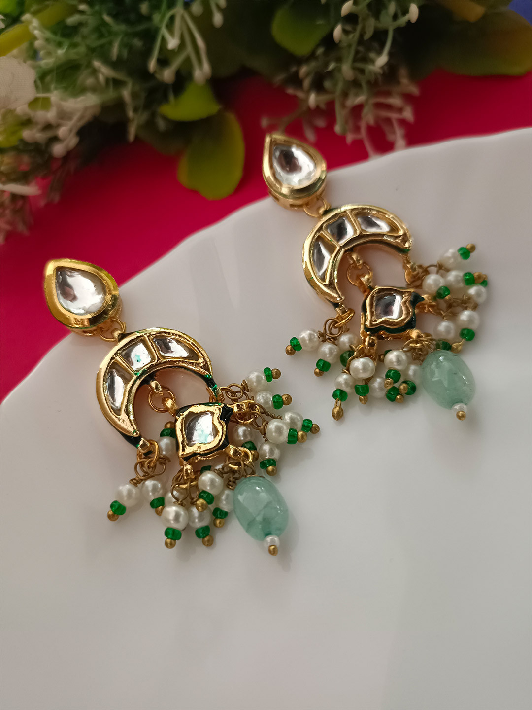 Sanjog Gold Plated Kundan Stones Studded Green Meenakari Crescent Moon Drop Earrings