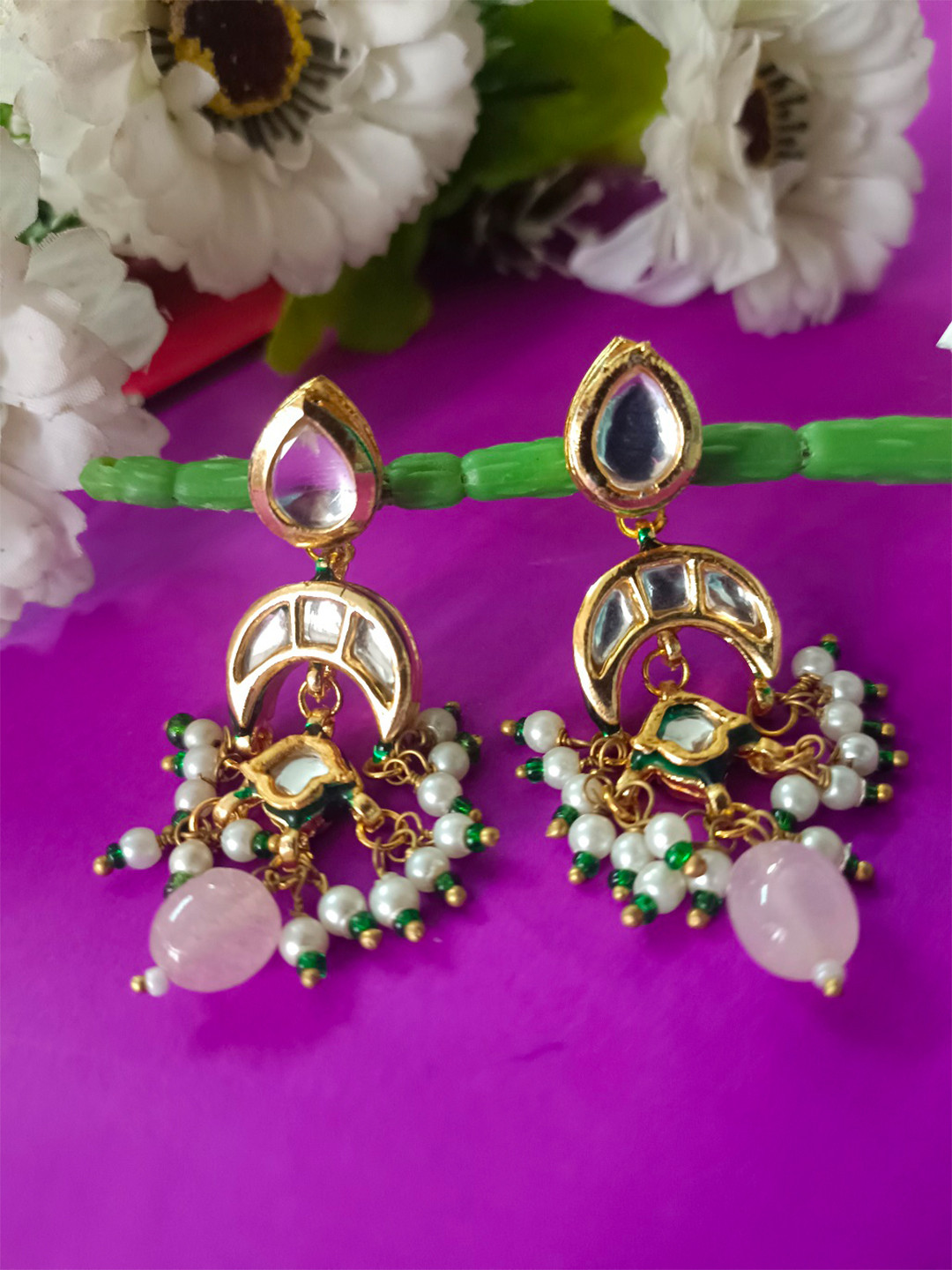 Sanjog Gold Plated Kundan Stones Studded Green Meenakari Crescent Moon Pearl Drop Earrings
