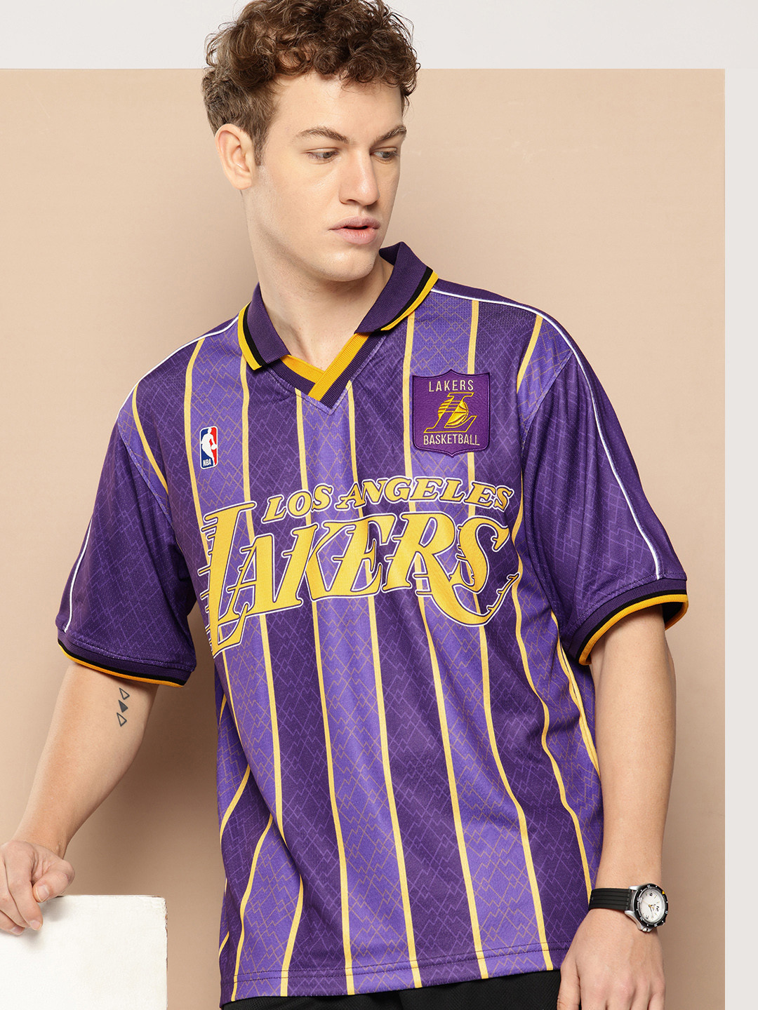 NBA Men Los Angeles Lakers Vintage Oversized Printed Polo Collar T-shirt