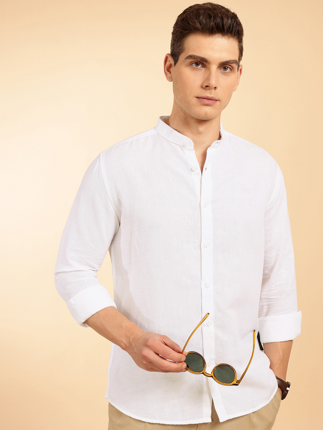 French Connection Slim Fit Mandarin Collar Linen Shirt